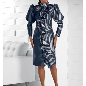 Elegant Navy and Silver Ruffled Dress bust 48” and hips 52”